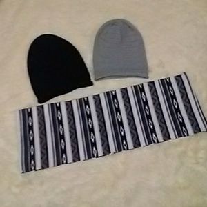 Two slouch beanies and an infinity scarf.